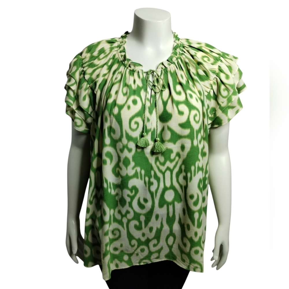 Rose + Olive Women's Boho Cottagecore Peasant Tassel Beachy Ruffle Top‎ size 3X
